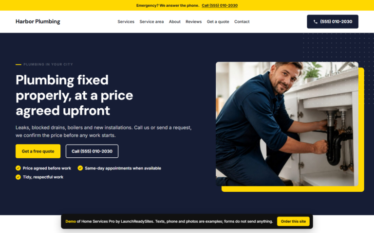 Home page of the Home Services Pro live demo